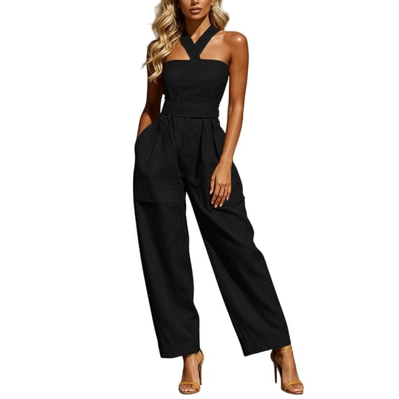 Tqcoqu Women's Halter Sleeveless Jumpsuit with Pocket,Back Tie Elastic Waist Wide Leg Solid Casual One Piece Romper