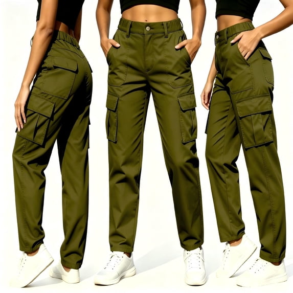 Tqcoqu Women's High Waist Cargo Pants with Multi Pocket,Elastic Back Waist Straight Leg Long Casual Outdoor Work Trousers,Army Green Women's S-XXL