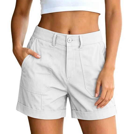 Tqcoqu Women's High Waist Cargo Shorts,Button Fly Front Patch Pockets Rolled Hem Casual Summer Utility Work Shorts,White Women's S-XXXL
