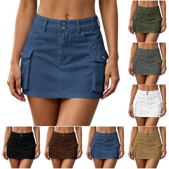 Tqcoqu Women’s High Waist Double Button Cargo Mini Skirt, Solid Color A Line Denim Skirt with Flap Pockets,Women's,Size S-XL