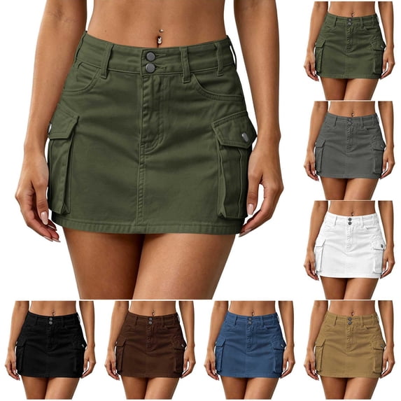 Tqcoqu Women’s High Waist Double Button Cargo Mini Skirt, Solid Color A Line Denim Skirt with Flap Pockets,Women's,Size S-XL