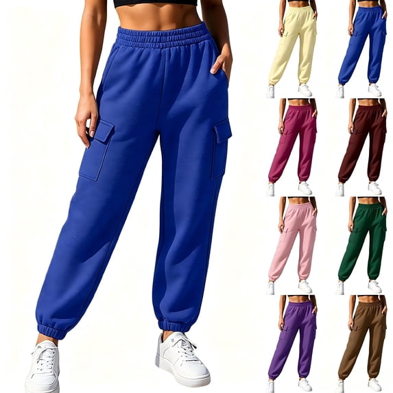 Tqcoqu Women's High Waist Elastic Jogger Pants with Cargo Pockets,Solid Casual Sweatpants,2026 Trendy Womens Clothes,Blue Women's S-XXL