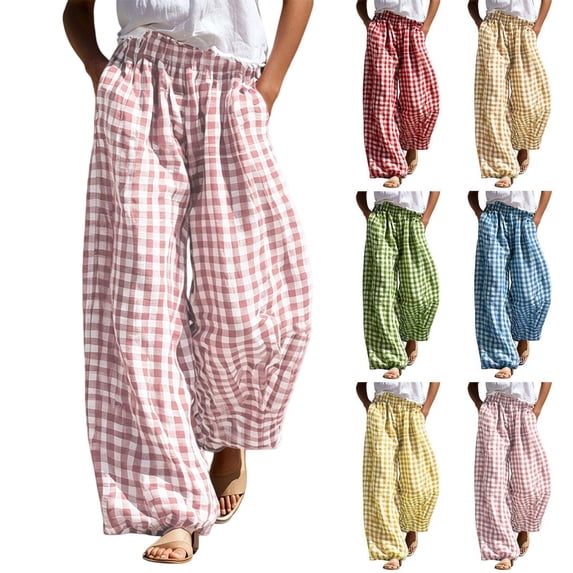 Tqcoqu Women's High Waist Gingham Plaid Wide Leg Pants, Pull On Baggy Casual Trousers Summer Beach Vacation Lounge Bottoms,Women's S-XXL