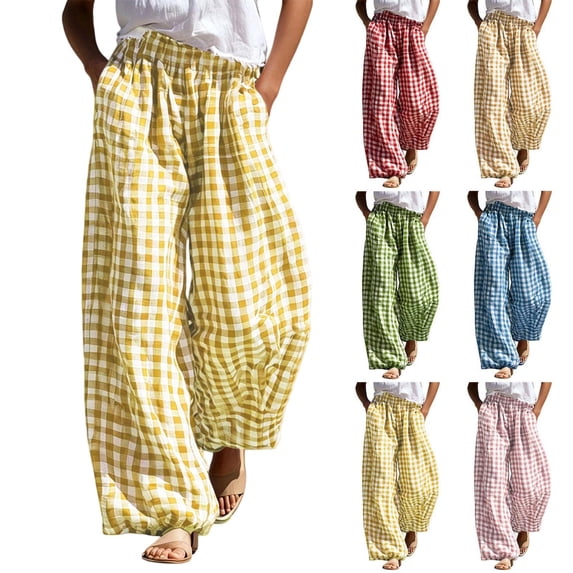 Tqcoqu Women's High Waist Gingham Plaid Wide Leg Pants, Pull On Baggy Casual Trousers Summer Beach Vacation Lounge Bottoms,Women's S-XXL