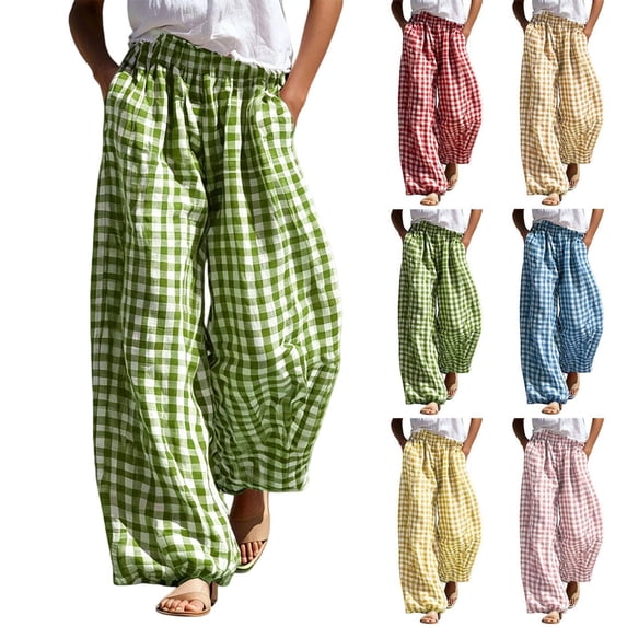 Tqcoqu Women's High Waist Gingham Plaid Wide Leg Pants, Pull On Baggy Casual Trousers Summer Beach Vacation Lounge Bottoms,Women's S-XXL