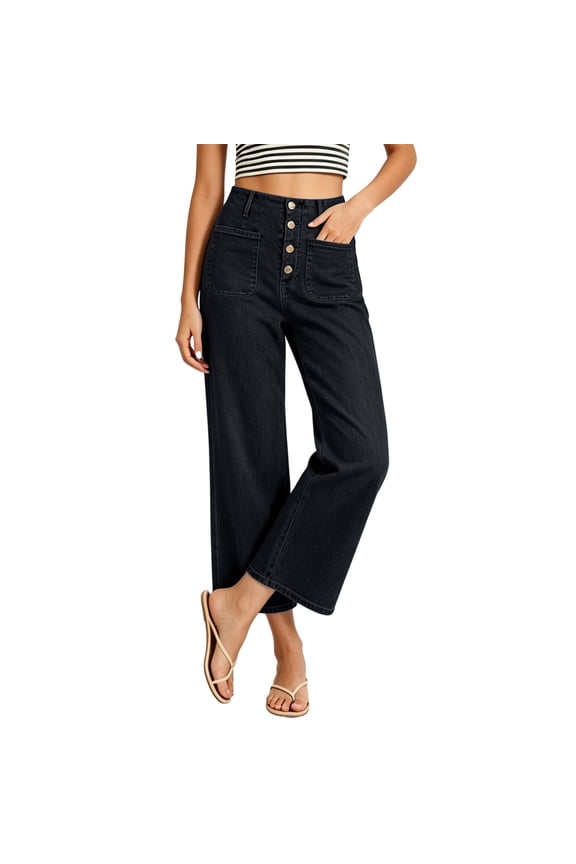 Women's High Waist Multi Button Front Patch Pocket,Cropped Flare Jeans Solid Vintage Wash Denim Capri Pants,Black Women's XS-XL