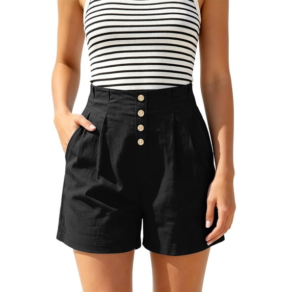 Tqcoqu Women's High Waist Pleated Button Front Shorts,Casual Summer Beach Lounge Shorts with Side Pockets,Black Women's S-XXL
