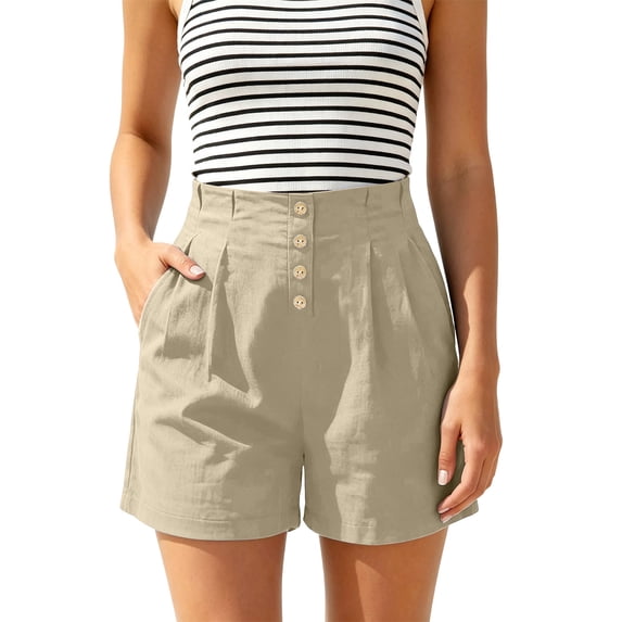 Tqcoqu Women's High Waist Pleated Button Front Shorts,Casual Summer Beach Lounge Shorts with Side Pockets,Khaki Women's S-XXL