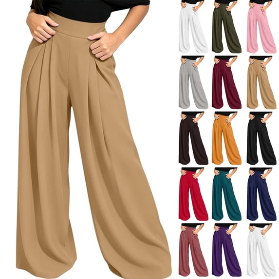 Tqcoqu Women's High Waist Pleated Wide Leg Pants,Elastic Waist Casual Loose Long Trousers