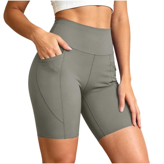 Tqcoqu Women's High Waist Tummy Control Biker Shorts with Side Pockets,Yoga Workout Casual Shorts,2026 Spring Summer Trendy Clothes,Gray Women's S-XXL