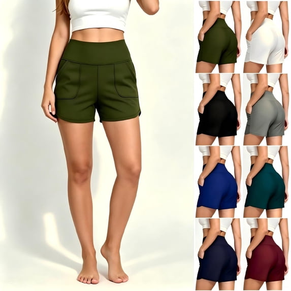 Tqcoqu Women's High Waist Tummy Control Shorts with Pockets,Elastic Waist Workout Casual Shorts,2026 Spring Summer Fall Trendy Clothes,Army Green Women's S-XXL