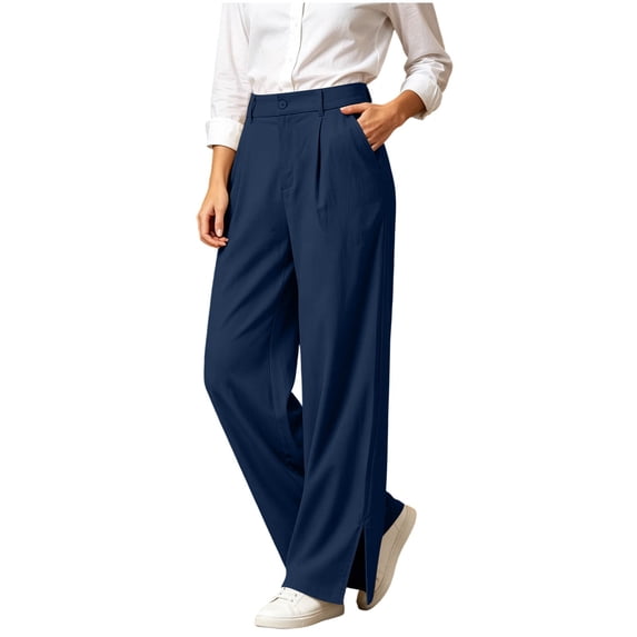 Tqcoqu Women's High Waist Wide Leg Dress Pants,Solid Pleated Split Hem Office Casual Trousers with Pockets