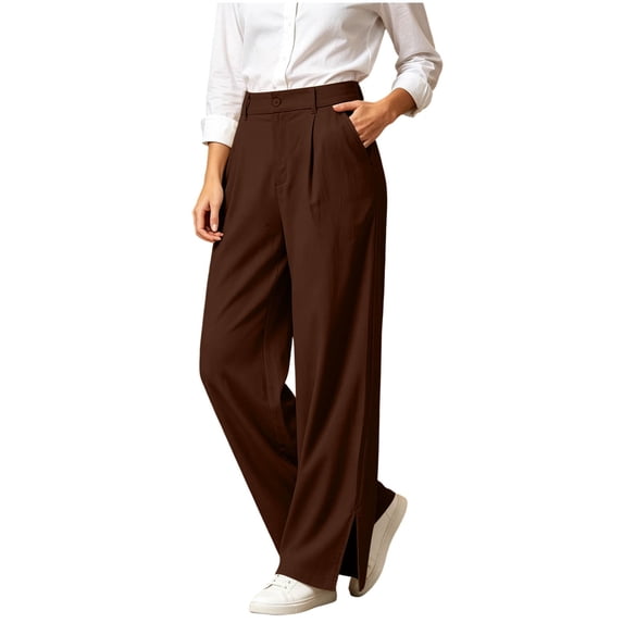 Tqcoqu Women's High Waist Wide Leg Dress Pants,Solid Pleated Split Hem Office Casual Trousers with Pockets