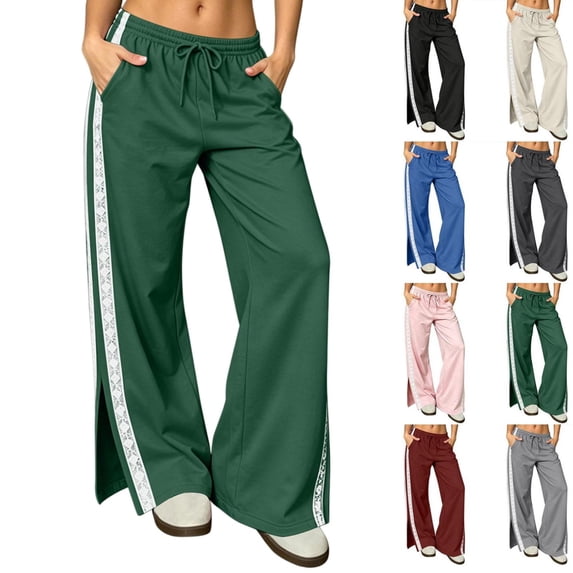 Tqcoqu Women's High Waist Wide Leg Sweatpants, Lace Side Stripe Drawstring Split Hem Pants with Pockets, Y2K Trendy Casual Athletic Pants
