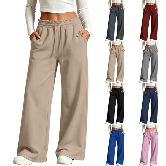 Tqcoqu Women's High Waist Wide Leg Sweatpants,Ruffle Drawstring Solid Casual Long Pants with Pockets