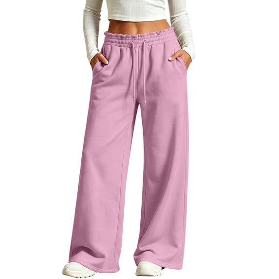 Tqcoqu Women's High Waist Wide Leg Sweatpants,Ruffle Drawstring Solid Casual Long Pants with Pockets