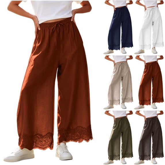 Tqcoqu Women's High Waisted Wide Leg Cropped Lace Hem Pants, Drawstring Casual Lightweight Trousers with Pockets