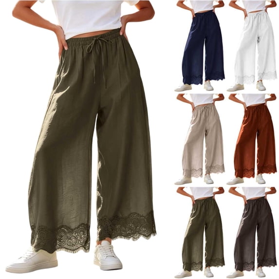 Tqcoqu Women's High Waisted Wide Leg Cropped Lace Hem Pants, Drawstring Casual Lightweight Trousers with Pockets