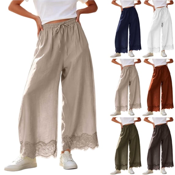 Tqcoqu Women's High Waisted Wide Leg Cropped Lace Hem Pants, Drawstring Casual Lightweight Trousers with Pockets