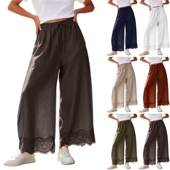 Tqcoqu Women's High Waisted Wide Leg Cropped Lace Hem Pants, Drawstring Casual Lightweight Trousers with Pockets