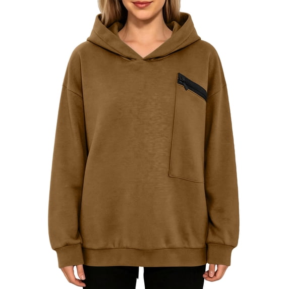 Tqcoqu Women's Hooded Sweatshirt with Zip Chest Pocket,Drop Shoulder Long Sleeve Casual Pullover Tops,2026 Fall Winter Trendy Clothes,Brown Women's S-XXXL