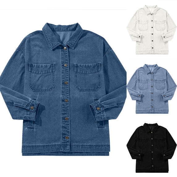 Tqcoqu Women's Jean Jacket Oversized Boyfriend Button Up Long Sleeve Split Trendy Denim Jackets