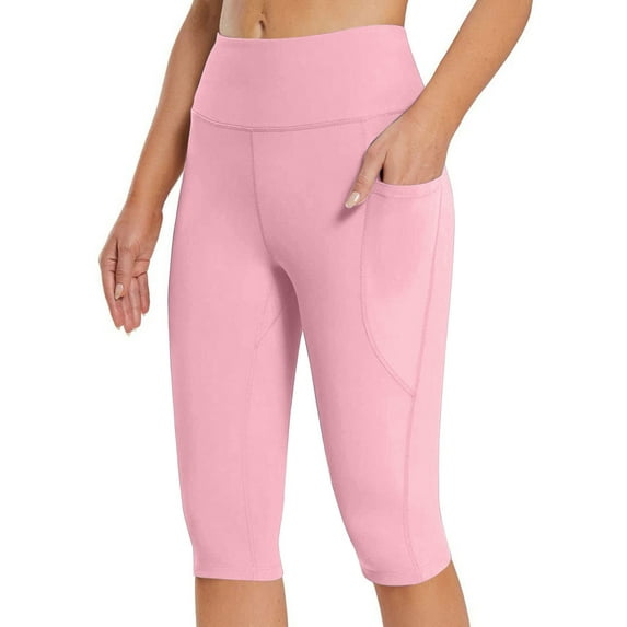 Tqcoqu Women's Knee Length Leggings Yoga Capris High Waisted Tummy Control Yoga Pants Athletic Biker Shorts with Pockets,Pink,Women's S-XXL