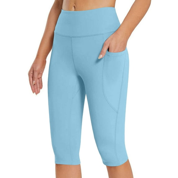Tqcoqu Women's Knee Length Leggings Yoga Capris High Waisted Tummy Control Yoga Pants Athletic Biker Shorts with Pockets,Sky Blue,Women's S-XXL