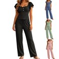 thumbnail image 1 of Tqcoqu Women's Lace Trim Pajama Set, Flutter Short Sleeve Button Top & Drawstring Wide Leg Pants, 2 Piece Loungewear Sleepwear, 1 of 9