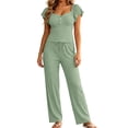 thumbnail image 1 of Tqcoqu Women's Lace Trim Pajama Set, Flutter Short Sleeve Button Top & Drawstring Wide Leg Pants, 2 Piece Loungewear Sleepwear, 1 of 8