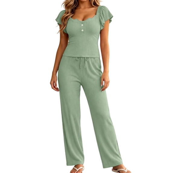 Tqcoqu Women's Lace Trim Pajama Set, Flutter Short Sleeve Button Top & Drawstring Wide Leg Pants, 2 Piece Loungewear Sleepwear