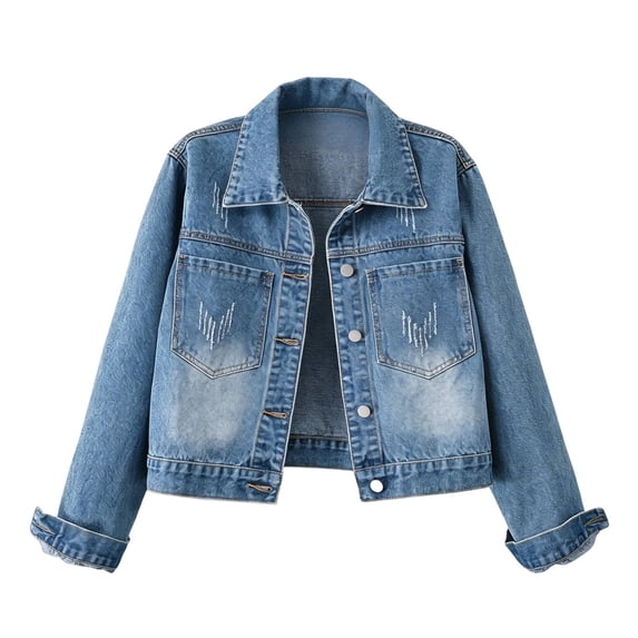 Tqcoqu Women's Lapel Distressed Washed Cropped Denim Jacket,Long Sleeve Button Down Trucker Coat,2026 Spring Fall Trendy Clothes,Blue Women's S-XXL