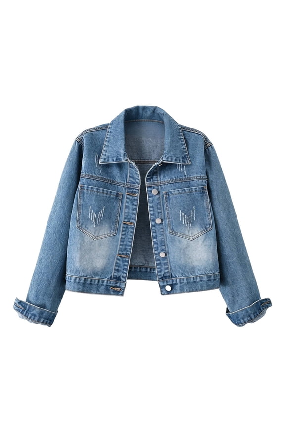 Women's Lapel Distressed Washed Cropped Denim Jacket,Long Sleeve Button Down Trucker Coat,2026 Spring Fall Trendy Clothes,Blue Women's S-XXL