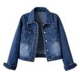 thumbnail image 1 of Tqcoqu Women's Lapel Distressed Washed Cropped Denim Jacket,Long Sleeve Button Down Trucker Coat,2026 Spring Fall Trendy Clothes,Dark Blue Women's S-XXL, 1 of 7