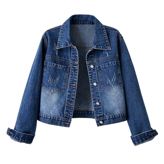 Tqcoqu Women's Lapel Distressed Washed Cropped Denim Jacket,Long Sleeve Button Down Trucker Coat,2026 Spring Fall Trendy Clothes,Dark Blue Women's S-XXL