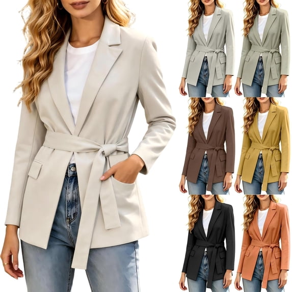 Tqcoqu Women's Lapel Tie Waist Blazer Jacket,Lined Long Sleeve Open Front Belted Casual Work Office Suit Coat For Spring Fall,Beige Women's S-XXXL