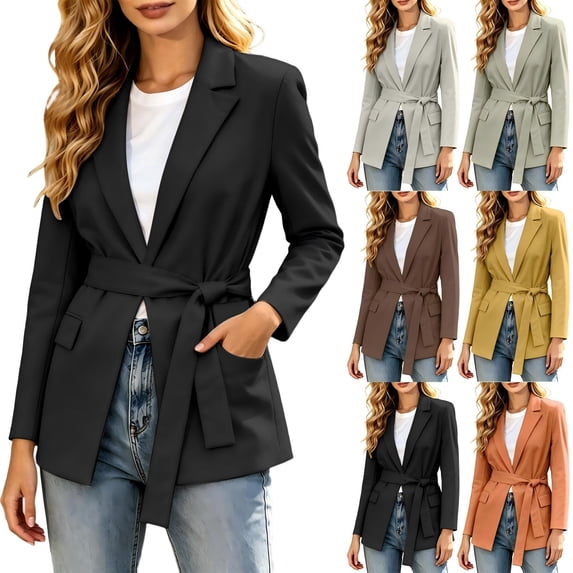 Tqcoqu Women's Lapel Tie Waist Blazer Jacket,Lined Long Sleeve Open Front Belted Casual Work Office Suit Coat For Spring Fall,Black Women's S-XXXL