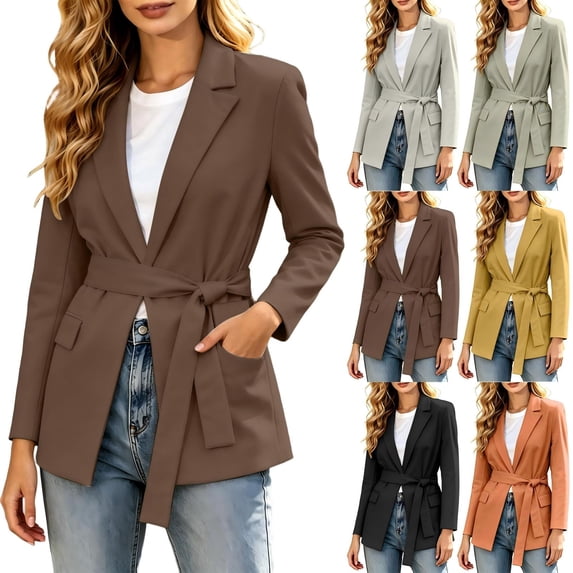 Tqcoqu Women's Lapel Tie Waist Blazer Jacket,Lined Long Sleeve Open Front Belted Casual Work Office Suit Coat For Spring Fall,Coffee Women's S-XXXL