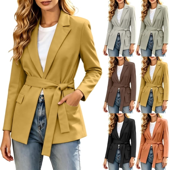 Tqcoqu Women's Lapel Tie Waist Blazer Jacket,Lined Long Sleeve Open Front Belted Casual Work Office Suit Coat For Spring Fall,Yellow Women's S-XXXL