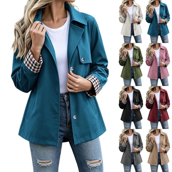 Tqcoqu Women's Lightweight Windproof Casual Trench Jacket Lapel Button Down Coat with Plaid Lining and Pockets