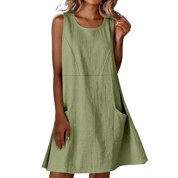 Tqcoqu Women's Linen Blend Sleeveless Round Neck A-Line Mini Dress with Pockets,Green Women's S-XXXL