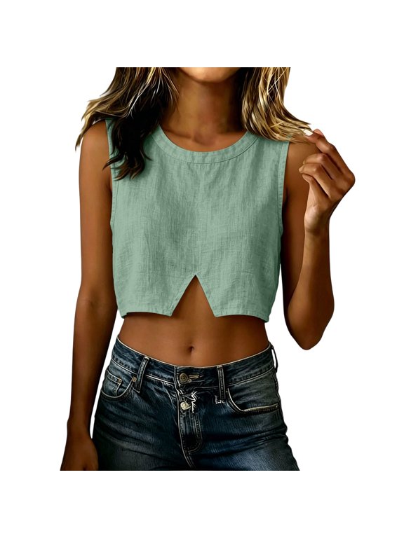 Women's Linen Blend Sleeveless Round Neck Front Split Crop Tank Top,Green,Women's S-XXXL