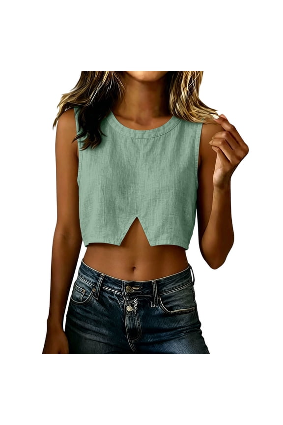 Women's Linen Blend Sleeveless Round Neck Front Split Crop Tank Top,Green,Women's S-XXXL