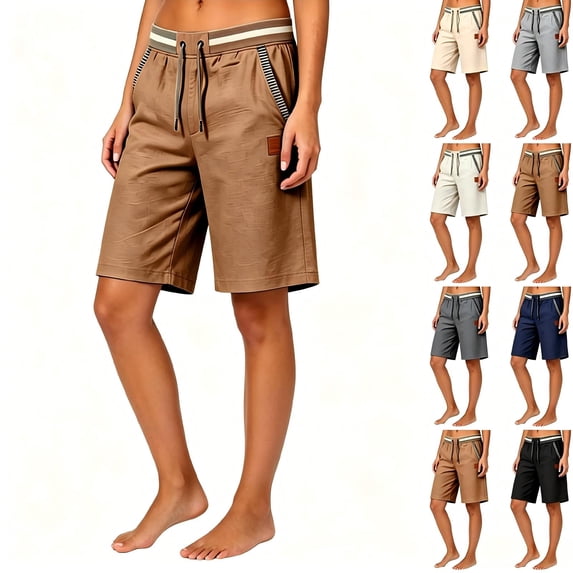 Tqcoqu Women's Linen Blend Straight Leg Casual Shorts with Pockets,Vacation Beach Drawstring Waist Comfy Shorts,2026 Spring Summer Trendy Clothes,Coffee Women's S-XXXL