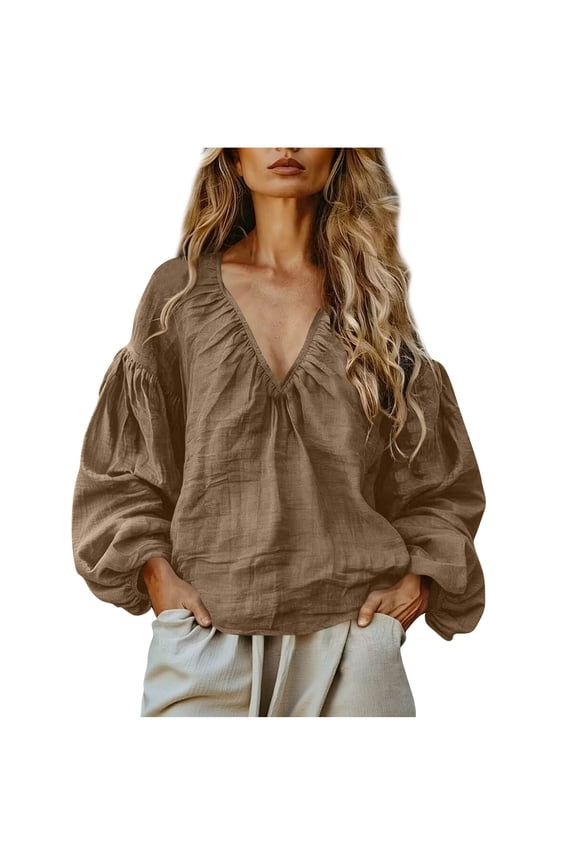 Women's Linen Blend V-Neck Gathered Puff Long Sleeve Casual Blouse,Brown Women's S-XXL