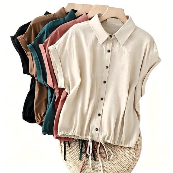 Tqcoqu Women's Linen Button Down Shirt Short Sleeve,Pleated Blouse Lightweight Loose Fit Casual Tops,Army Green Women's M-XXL