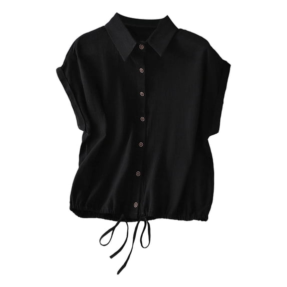 Tqcoqu Women's Linen Button Down Shirt Short Sleeve,Pleated Blouse Lightweight Loose Fit Casual Tops,Black Women's M-XXL