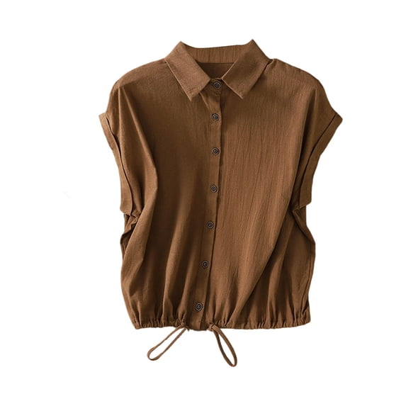 Tqcoqu Women's Linen Button Down Shirt Short Sleeve,Pleated Blouse Lightweight Loose Fit Casual Tops,Coffee Women's M-XXL