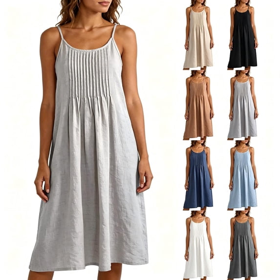 Tqcoqu Women's Linen Cami Midi Dress,Adjustable Straps Pleated Sleeveless Casual Summer Dresses,Gray Women's S-XXXL