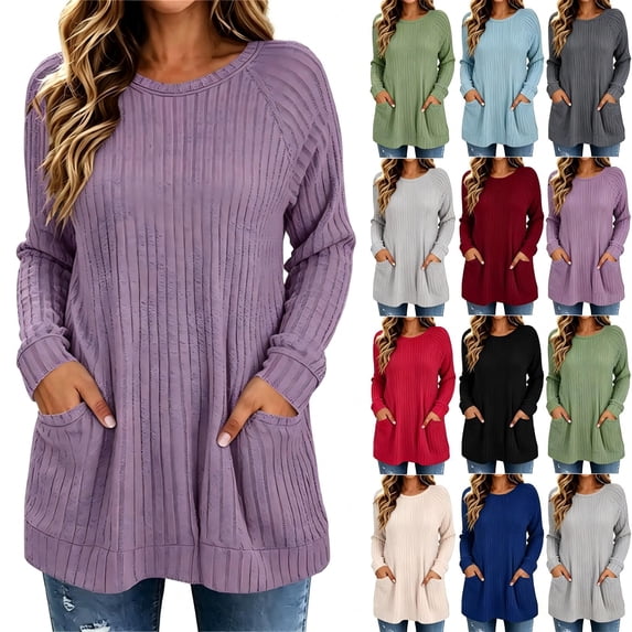 Tqcoqu Women's Long Length Ribbed Knit Round Neck Tunic Top with Pockets,Oversized Casual Shirt,2026 Fall Winter Trendy Clothes,Purple Women's S-XXL